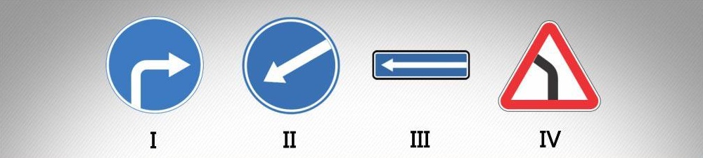 მოცემული საგზაო ნიშნებიდან რომელი მიუთითებს დაბრკოლების გამყოფი ზოლის, უსაფრთხოების კუნძულის ან რაიმე დაბრკოლების შემოვლის მიმართულებას მხოლოდ მარცხნიდან?